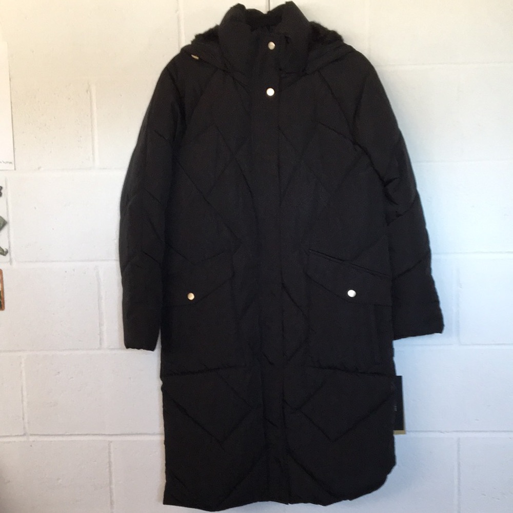 Donna Karan Small long black coat gold buttons knee length coat